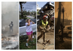 Four images side by side: a person pours water on a fire, a person holds their head in front of a wrecked car, a person shovels mud, a broken down car in front of smokey skies and burnt trees.